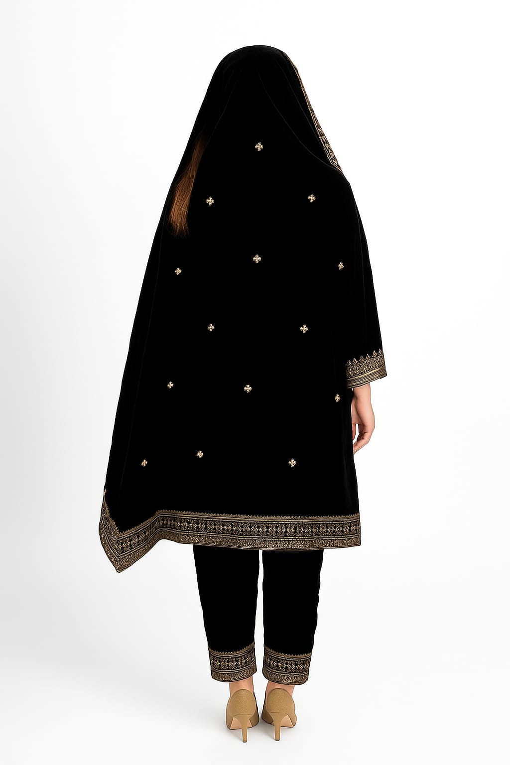 Black Classic Velvet Embroidery Work Heavy Bridal Kurti Pant Set