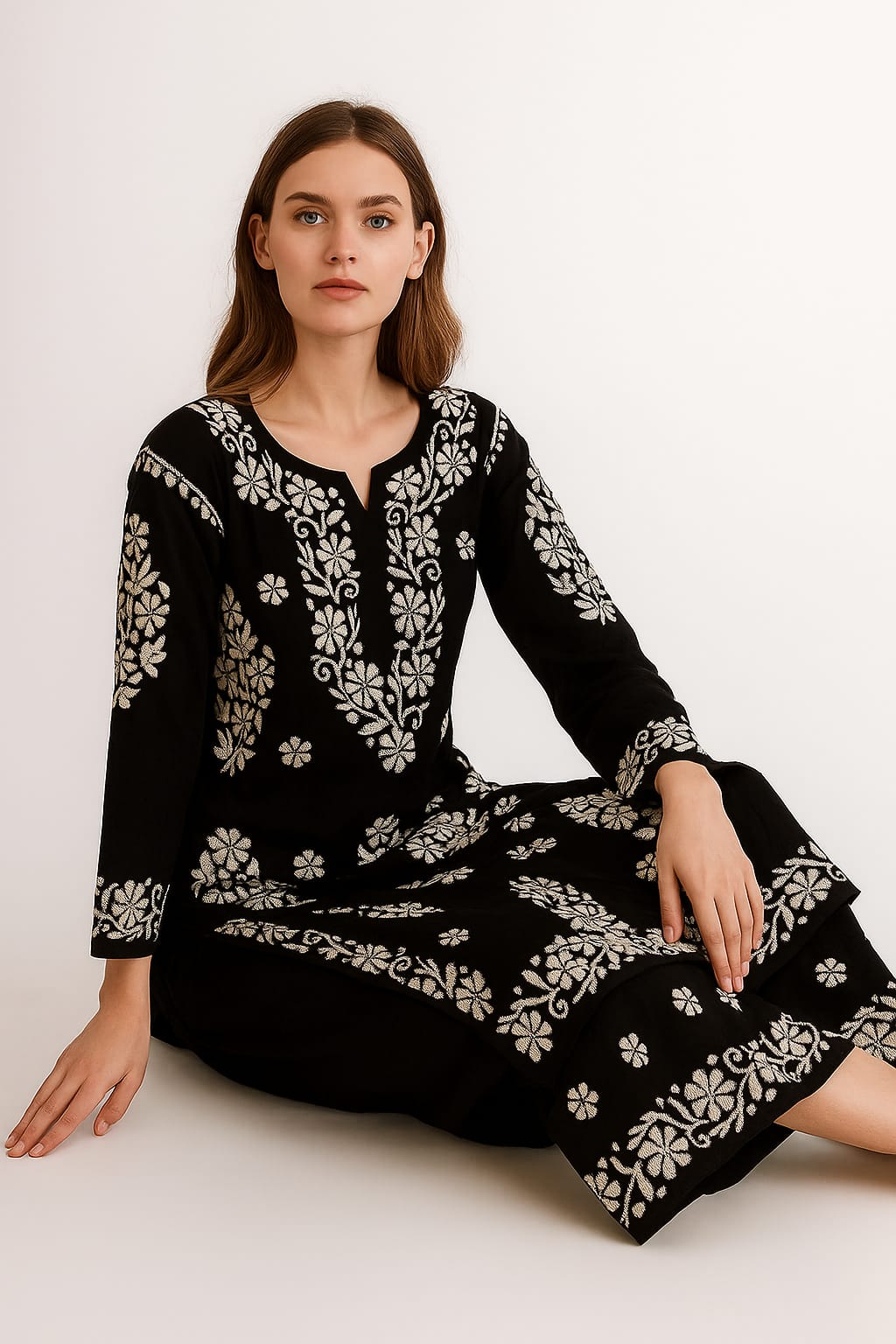 Silakaari Women's Pure Modal Lucknowi Premium Kurti Palazzo Set