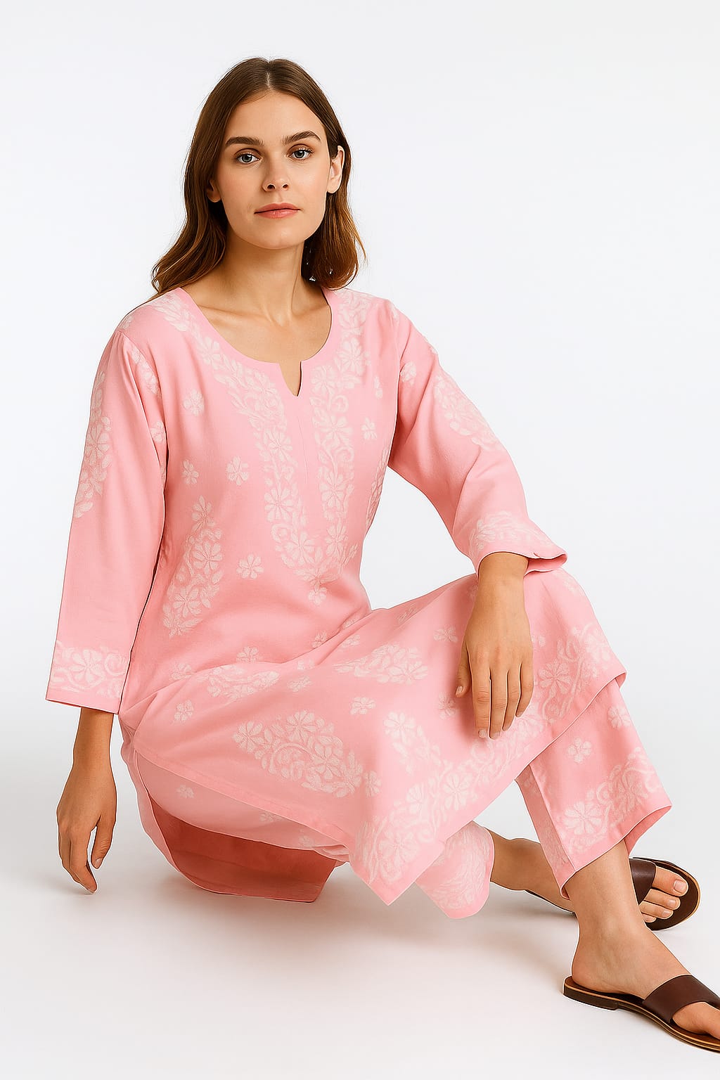 Silakaari Women's Pure Modal Lucknowi Premium Kurti Palazzo Set