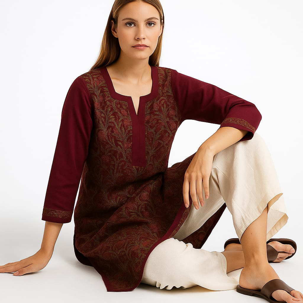 Silakaari Pure Georgette Maroon-Multi Lucknowi Premium Long Kurti Slip With Palazzo Set