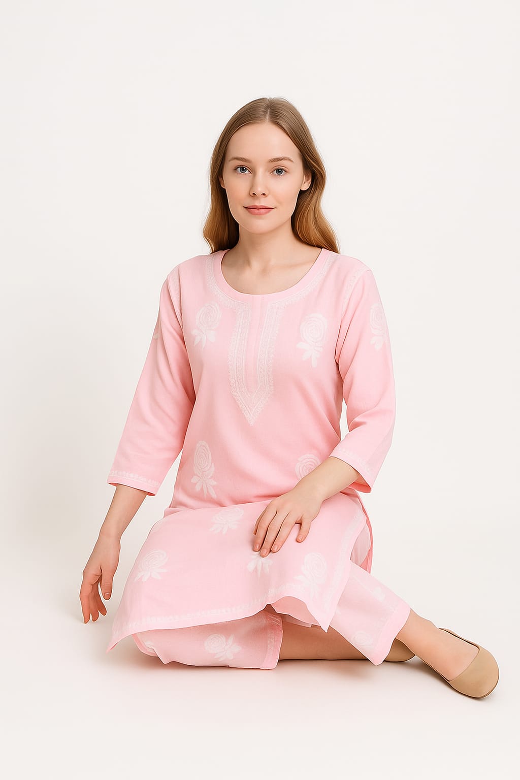 Silakaari Women's Baby Pink Modal Lucknowi Kurti Palazzo Set