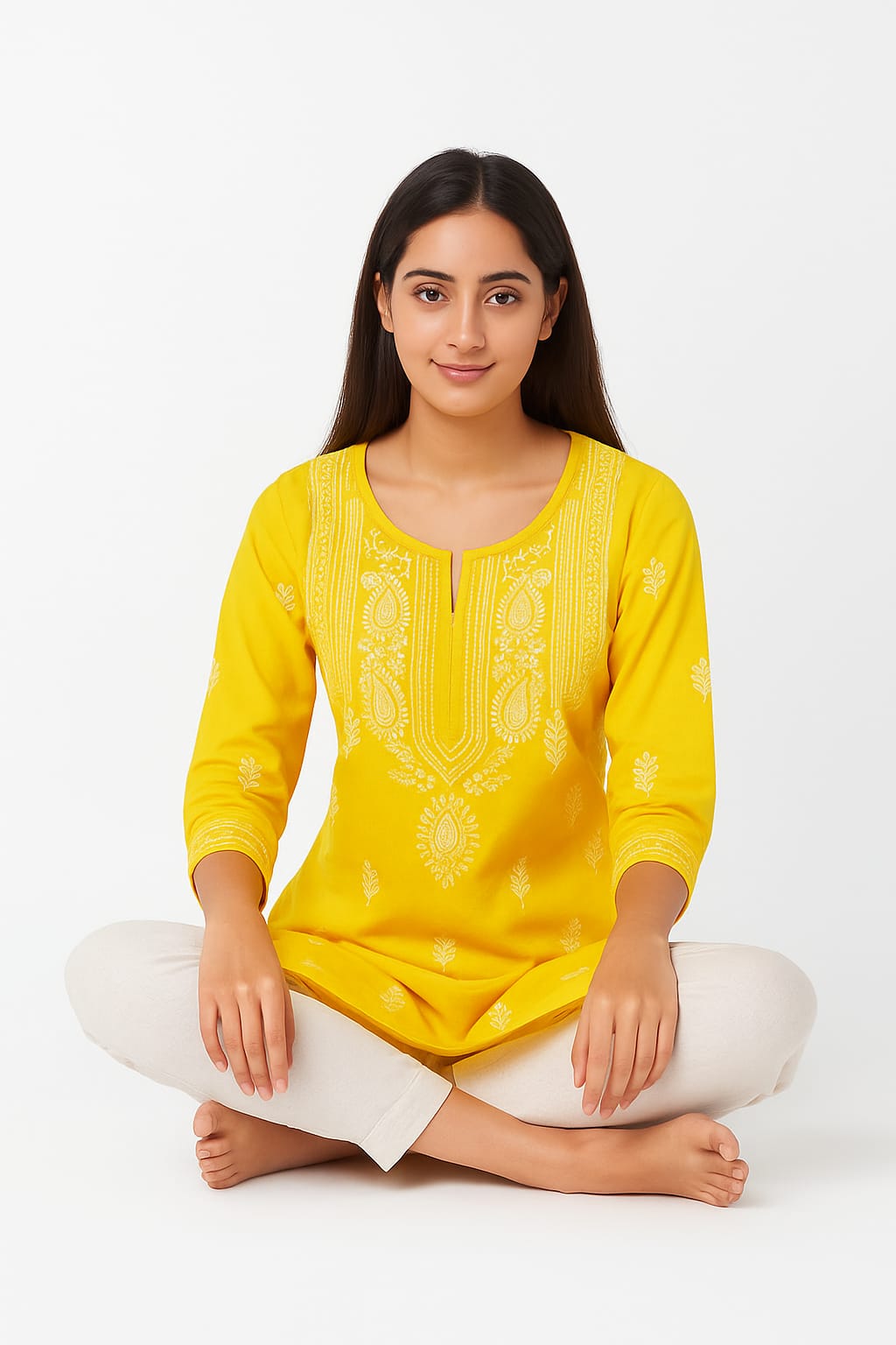 Silakaari Pure Viscose Yellow Shaded Heavy Lucknowi Aline Kurti With Pant Set