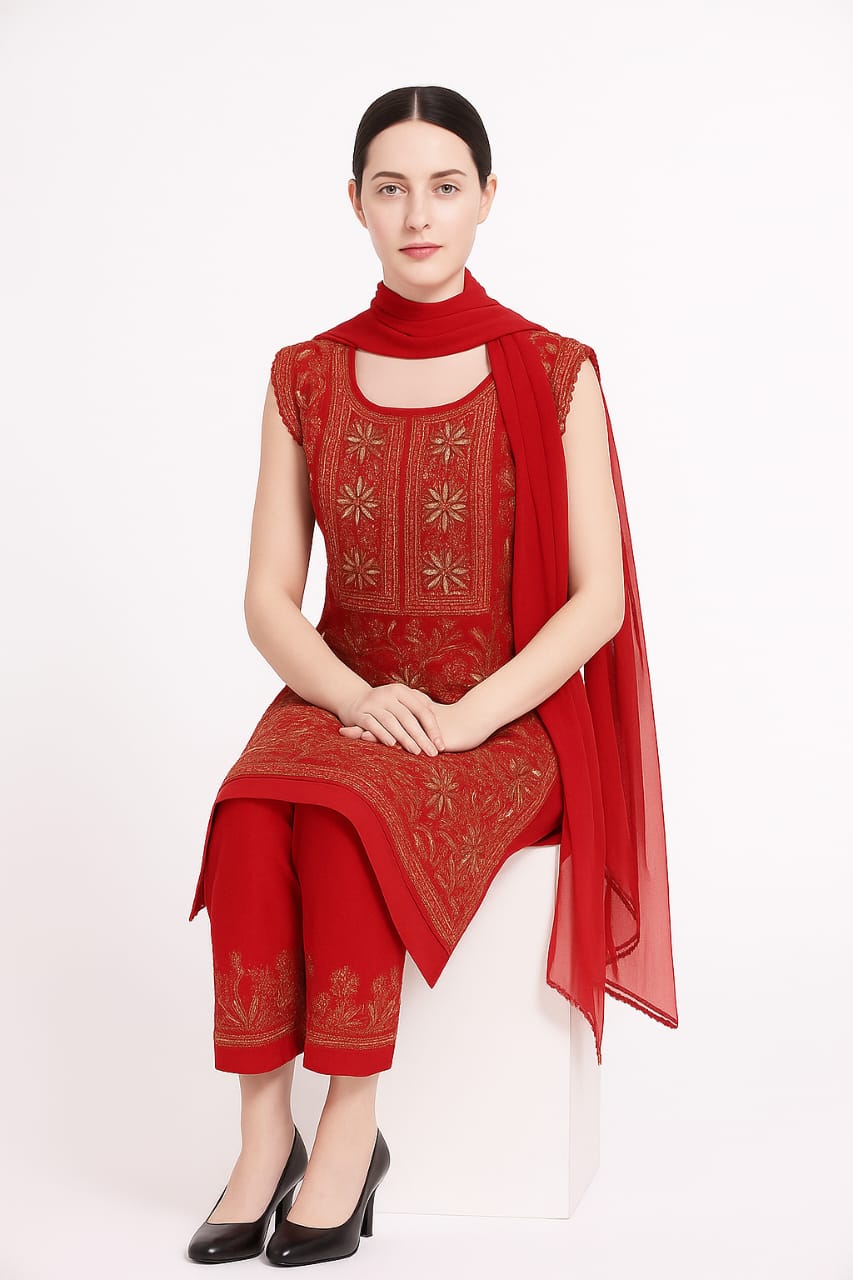 Silakaari Dulhan Gota Patti Maroon Full Jaal Premium Lucknowi Dress Material With Dupatta