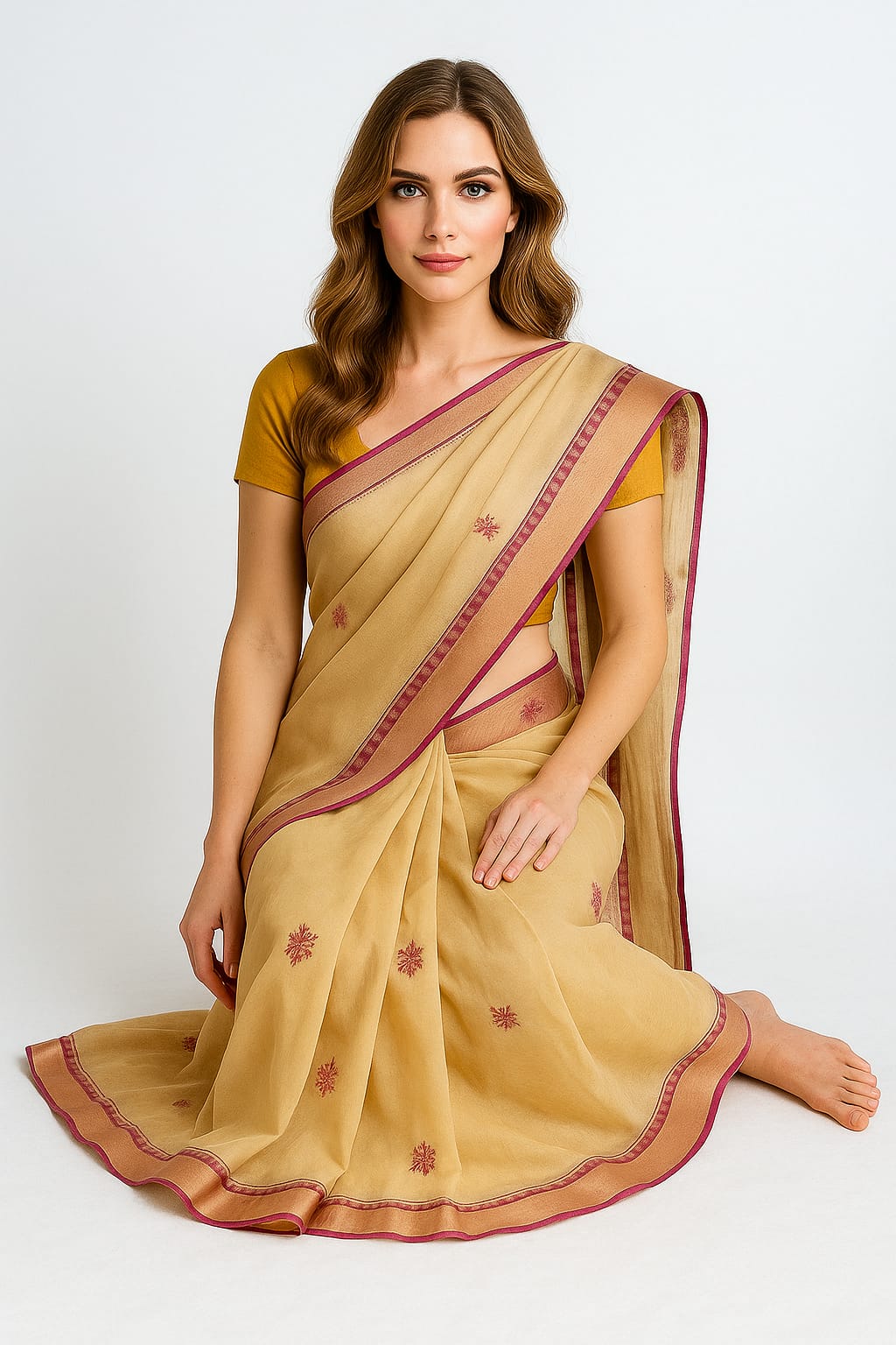 Silakaari Naaz Cream-Magenta Pure Chanderi HandWork Lucknowi Premium Party Wear Saree