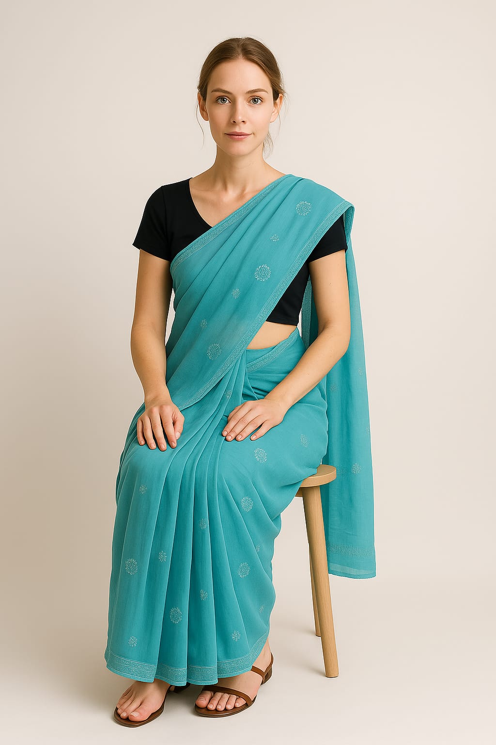 Silakaari Aasmani Pure Cotton Fine HandWork Super Delux Lucknowi Saree
