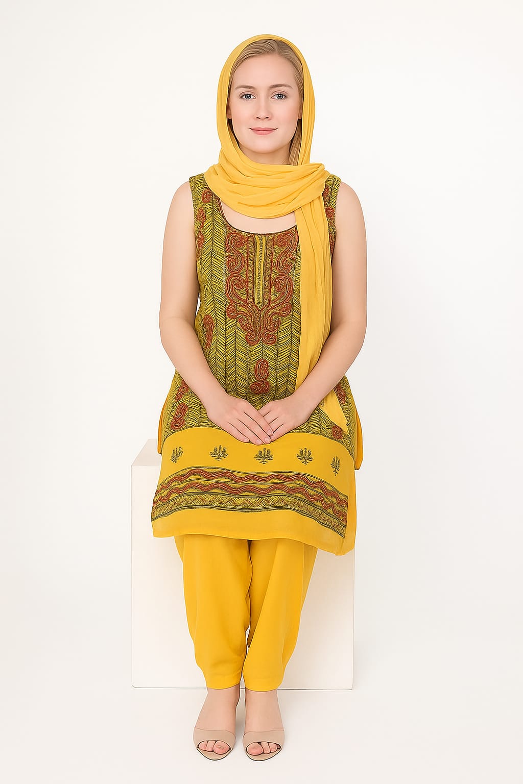 Silakaari Elegent Yellow Sequin Pearl Pure Cotton Lucknowi Unstitched Dress Material