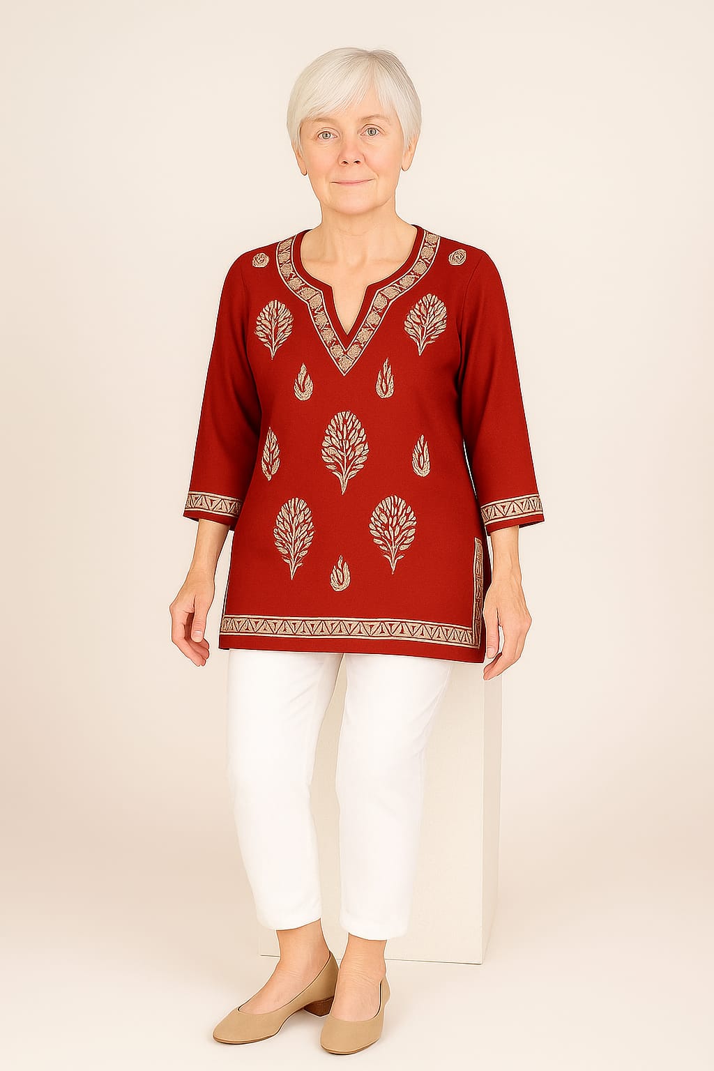 Silakaari Pure Muslin Maroon Heavy Lucknowi Straight Short Kurti With Pant Set