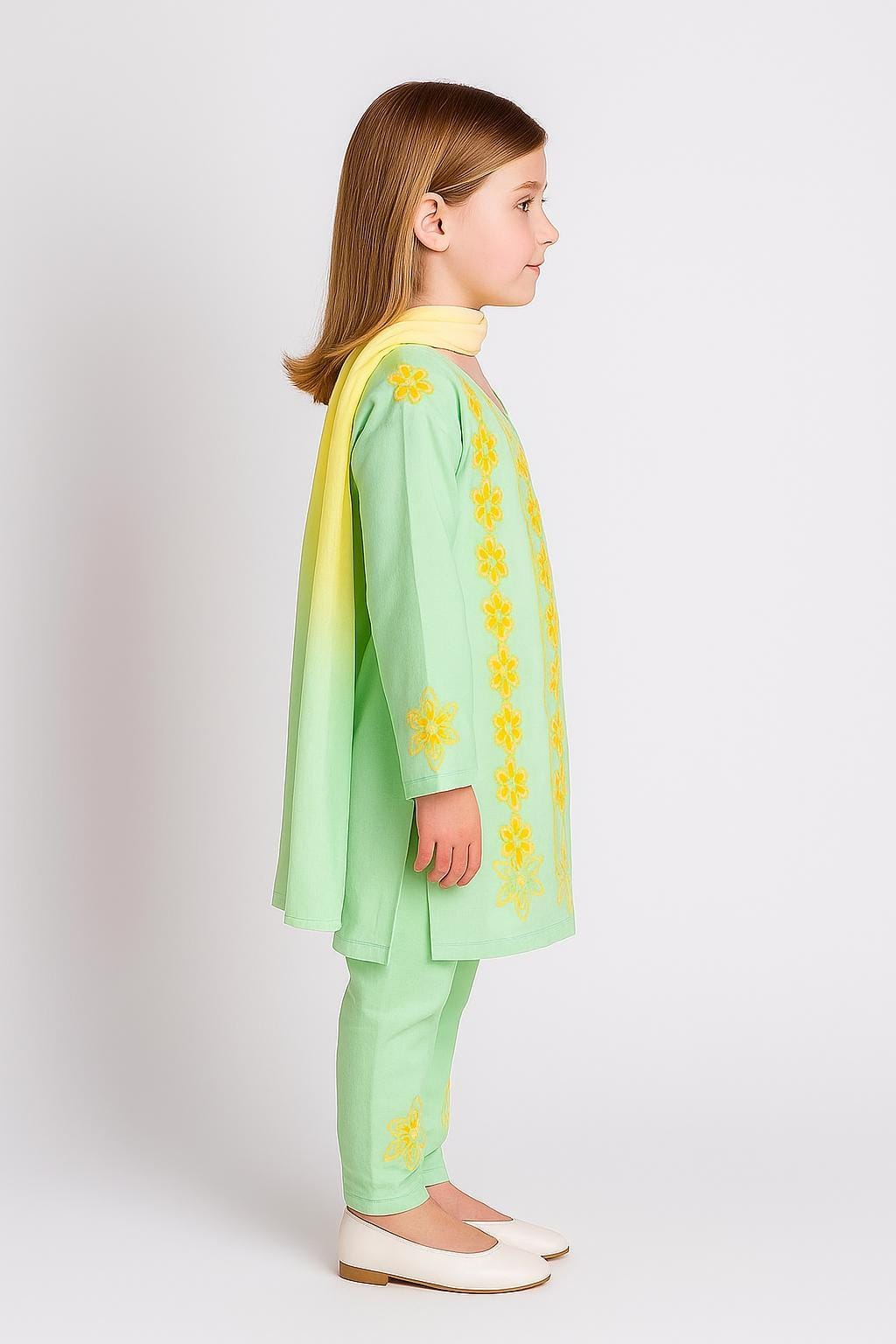 Silakaari Sadaf Green-Yellow Pure Cotton Lucknowi ChikanKari Anarkali Kurti Pant With Dupatta Set For Girls