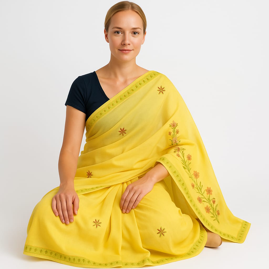 Silakaari Surajmukhi Yellow-Green Pure Cotton HandWork Lucknowi Saree