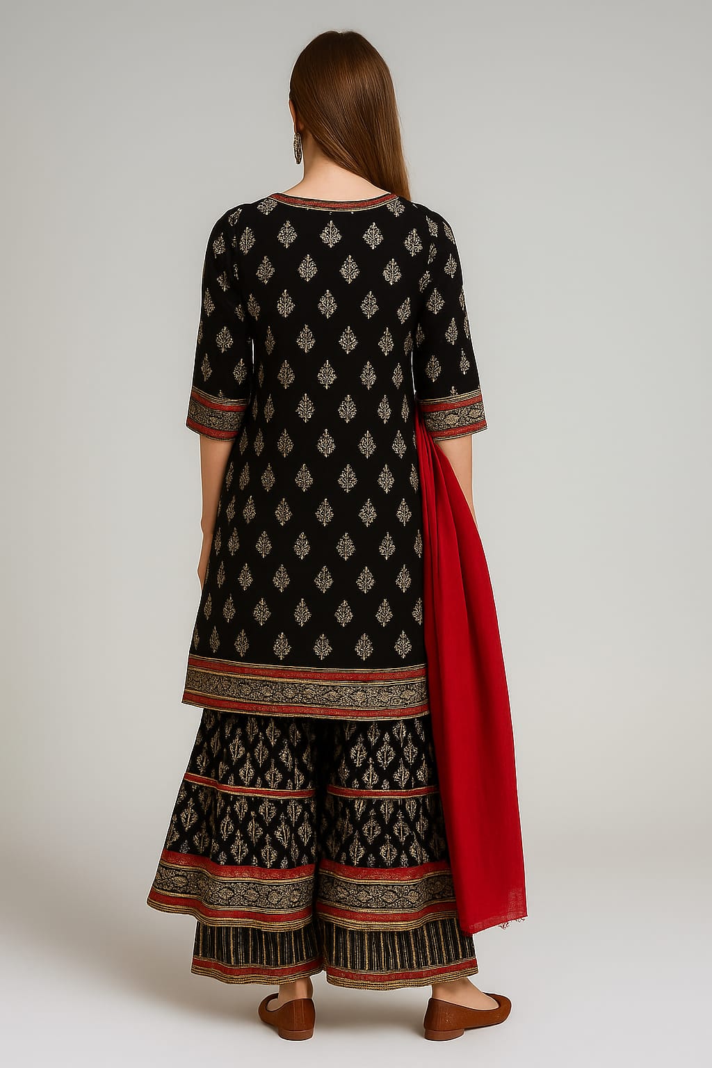 Silakaari Women's Black-Red Heavy Gota Patti Full Garara Set With Potli