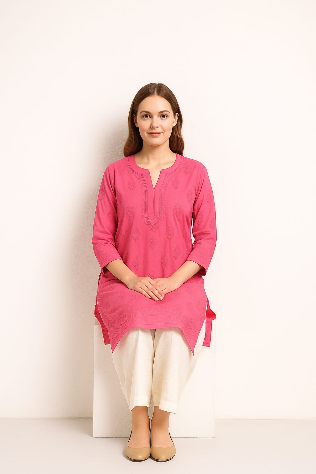 Silakaari Pure Muslin Heavy Self Theard Long Lucknowi Premium Kurti Palazzo Set
