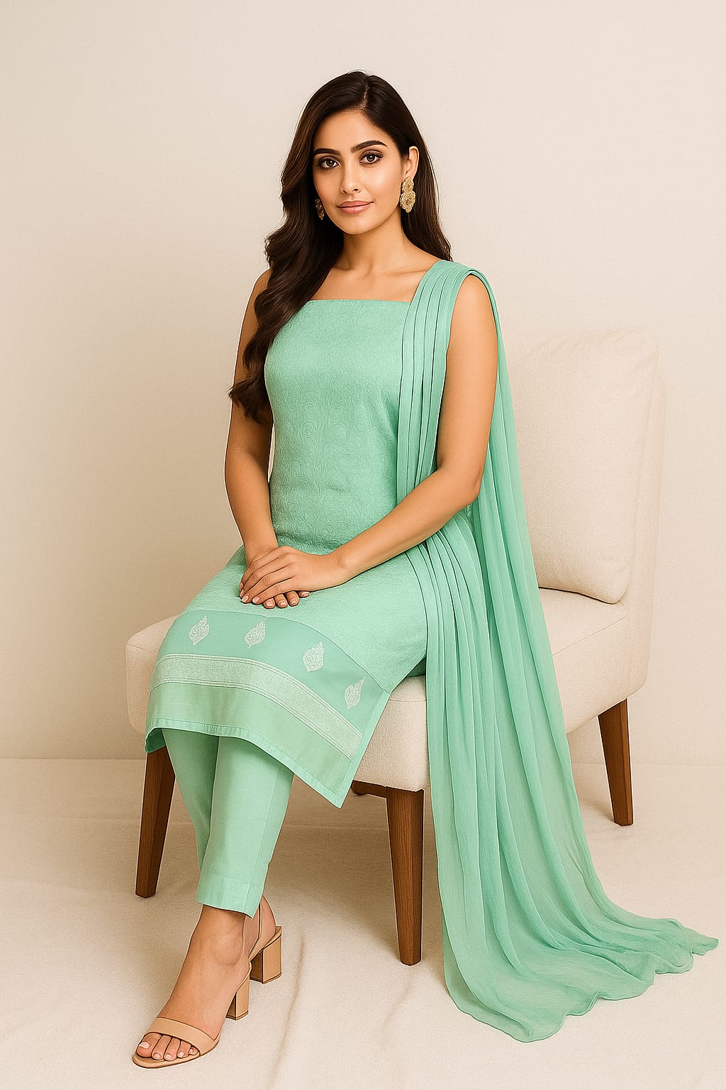 Silakaari Floss Green-White Pure Cotton Delux Premium Lucknowi Chikankari Unstitched Dress Material
