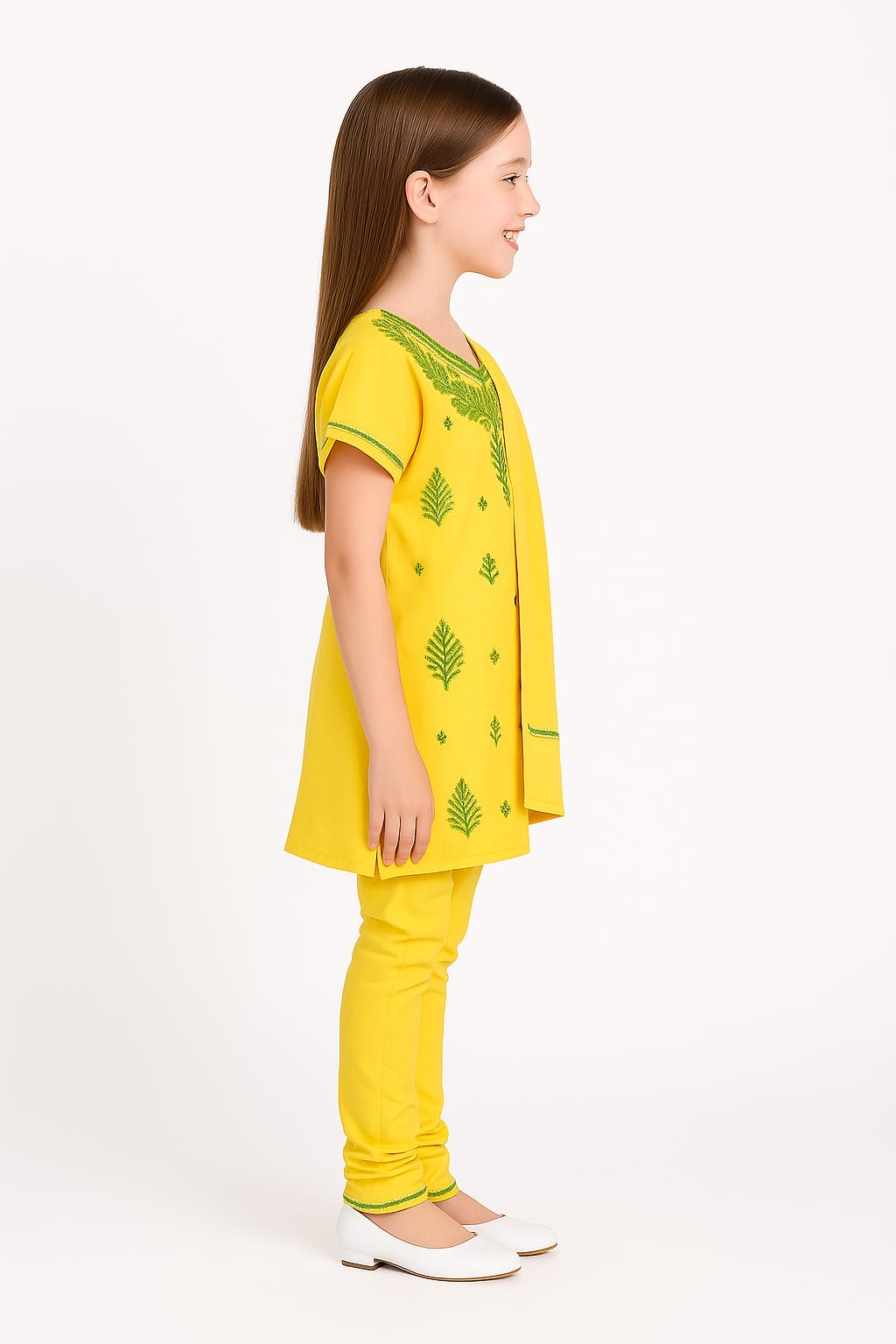 Silakaari Aabida Yellow-Green Pure Cotton Lucknowi ChikanKari Kurti Pant With Dupatta Set For Girls