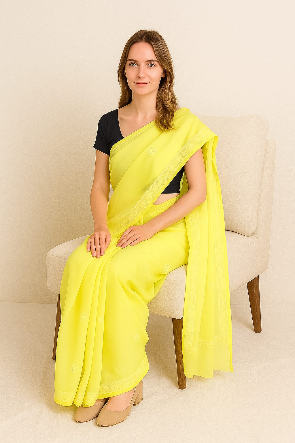 Silakaari Haryali Green-White Pure Cotton Fine Embroidery Lucknowi Saree