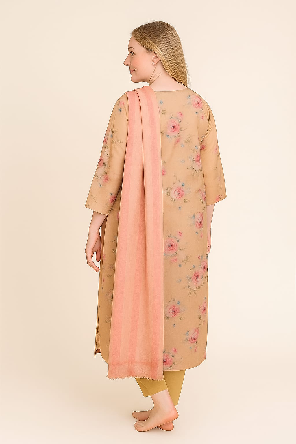 Silakaari Women's Beige-pink Sequin Mirror Fancy Salwar Kameez Digital Dupatta Set