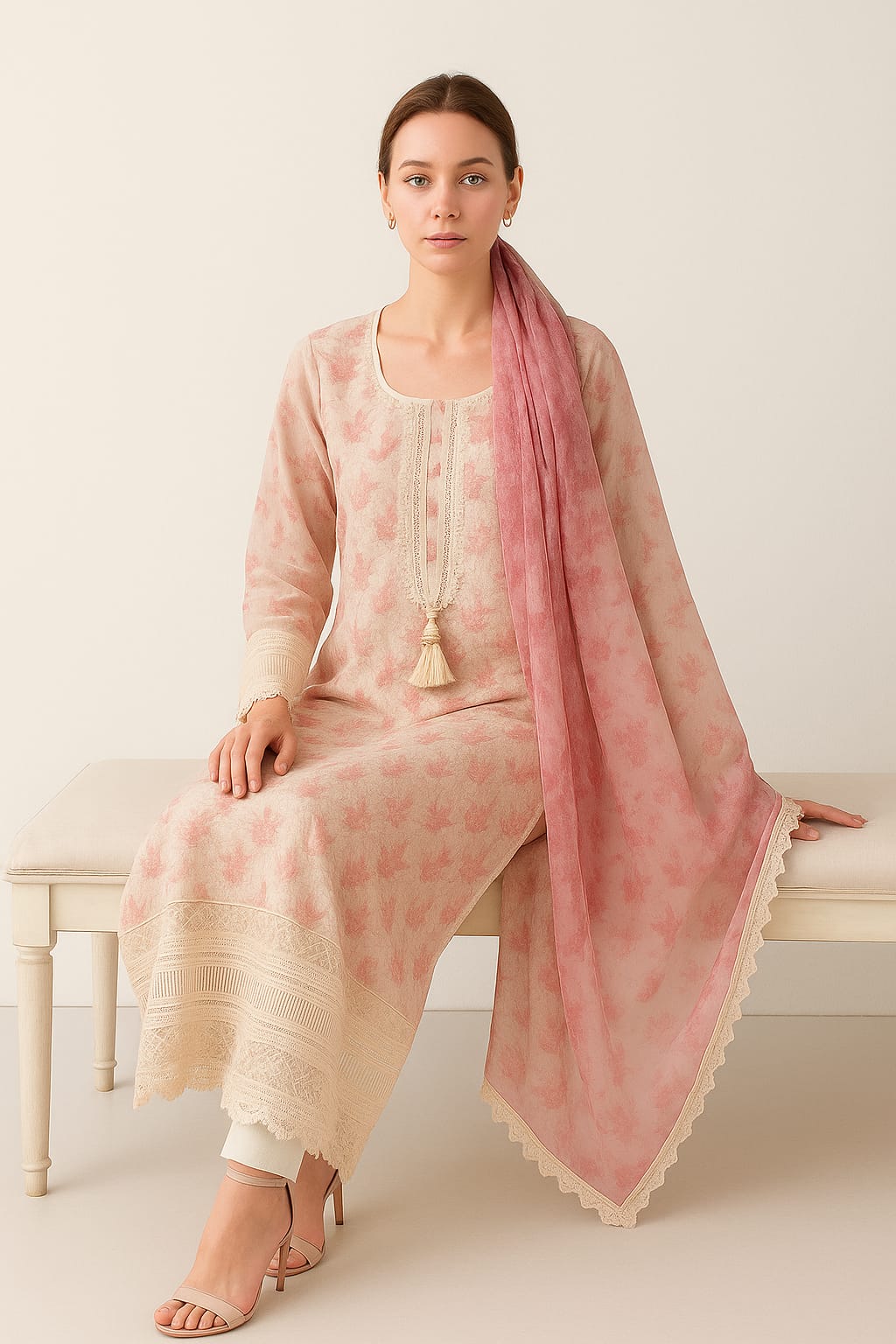 Silakaari Women's Magenta Hakoba Kurti Pant Dupatta Set