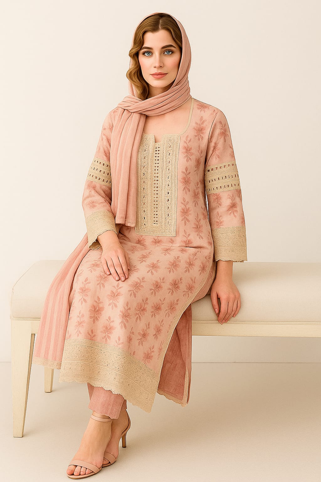Silakaari Women's Pink & Cream Floral Gota Rose Ready Dress With dupatta