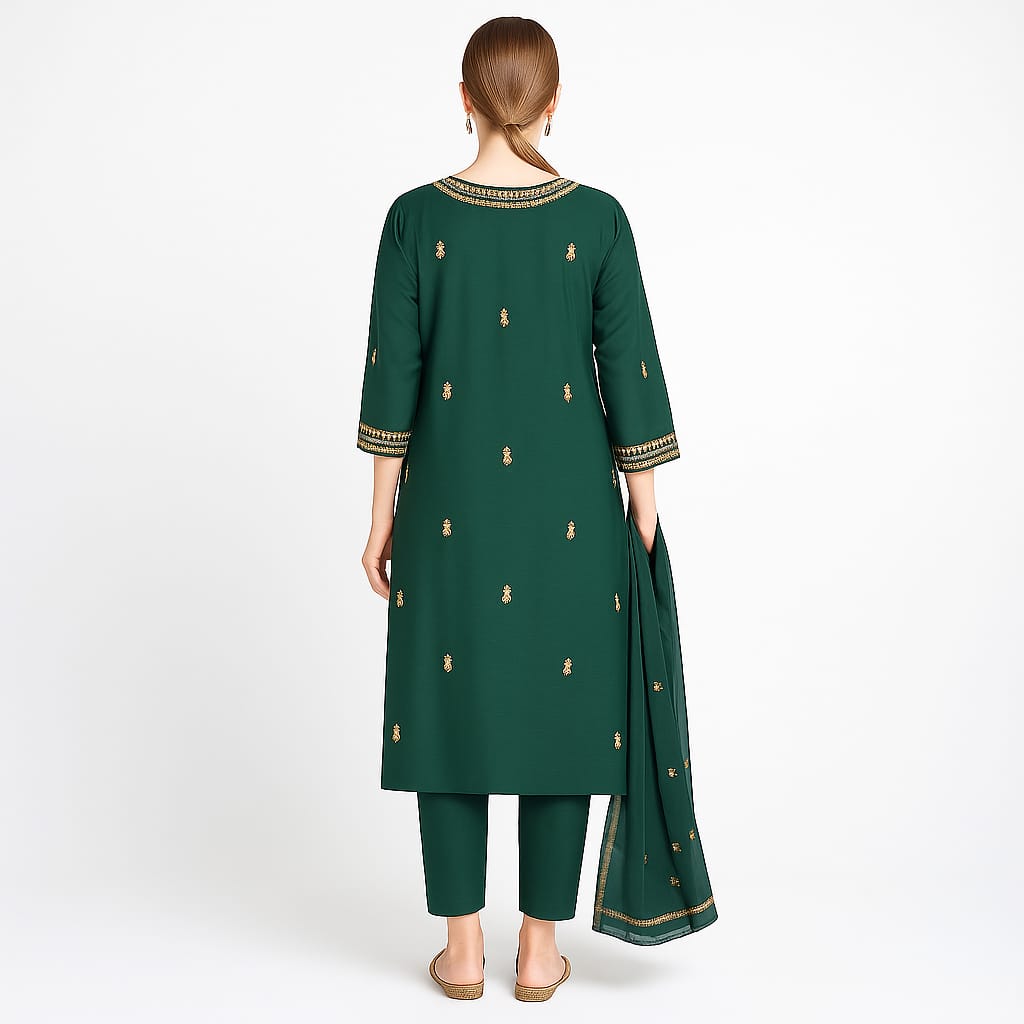 Silakaari Pure Hand-work festive Dark Green Kurti Pant Set