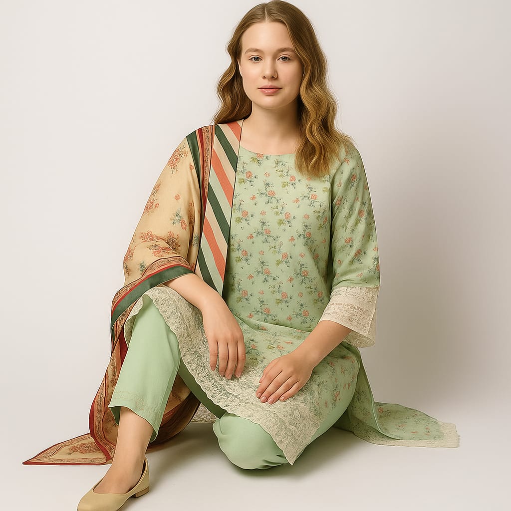 Silakaari Nawazish Pista Green Pure Lawn Chikan Cut Work Fancy Unstitched Suits