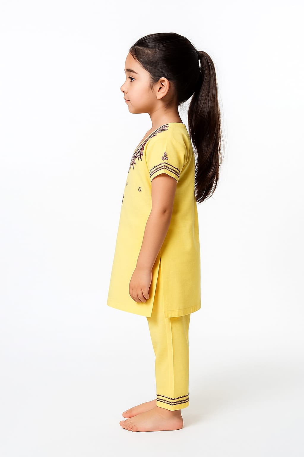 Silakaari Samaira Yellow-Violet Pure Cotton Lucknowi ChikanKari Kurti Pant With Dupatta Set For Girls
