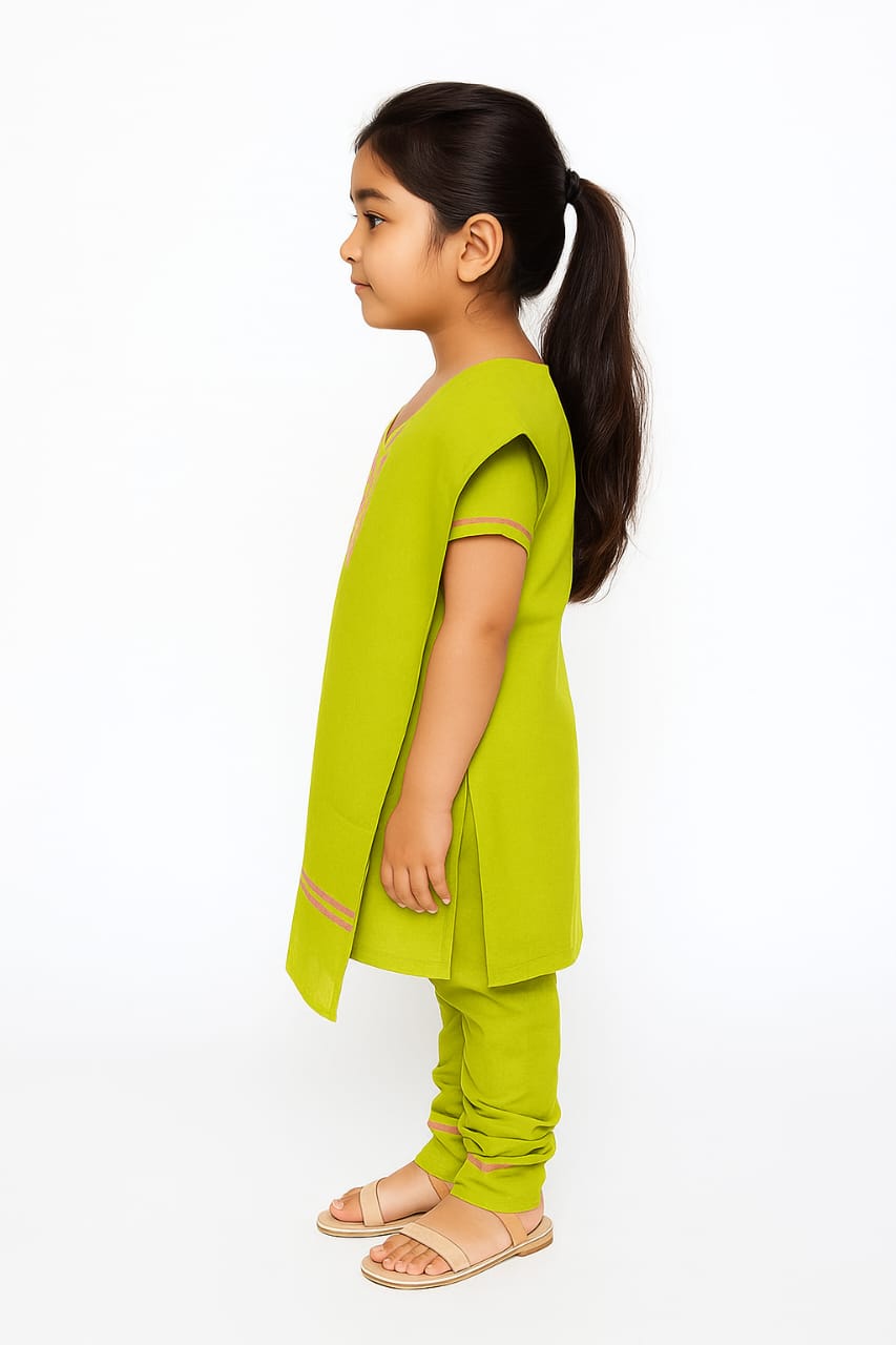 Silakaari Zubaan Mehendi Green-Pink Pure Cotton Lucknowi ChikanKari Kurti Pant With Dupatta Set For Girls