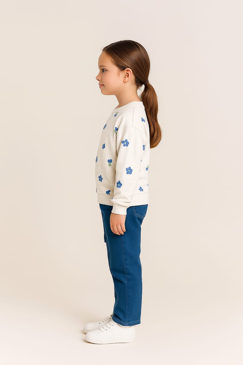 Silakaari Minha White Floral T-Shirt With Denim Baggy Side Pockets Jeans Set for Girls