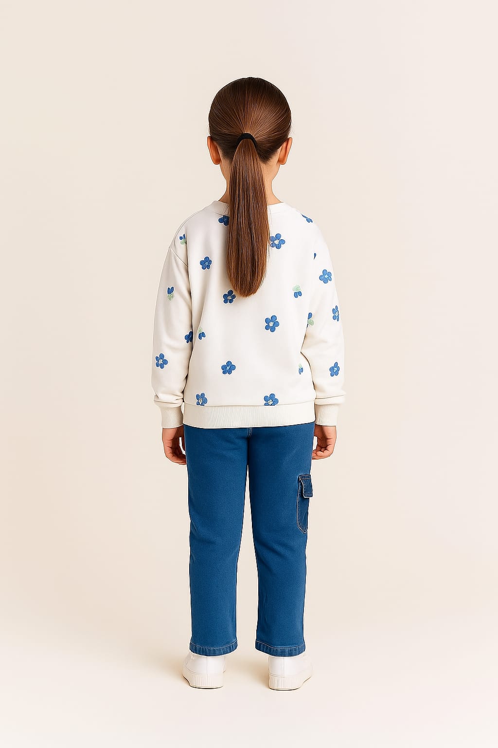 Silakaari Minha White Floral T-Shirt With Denim Baggy Side Pockets Jeans Set for Girls
