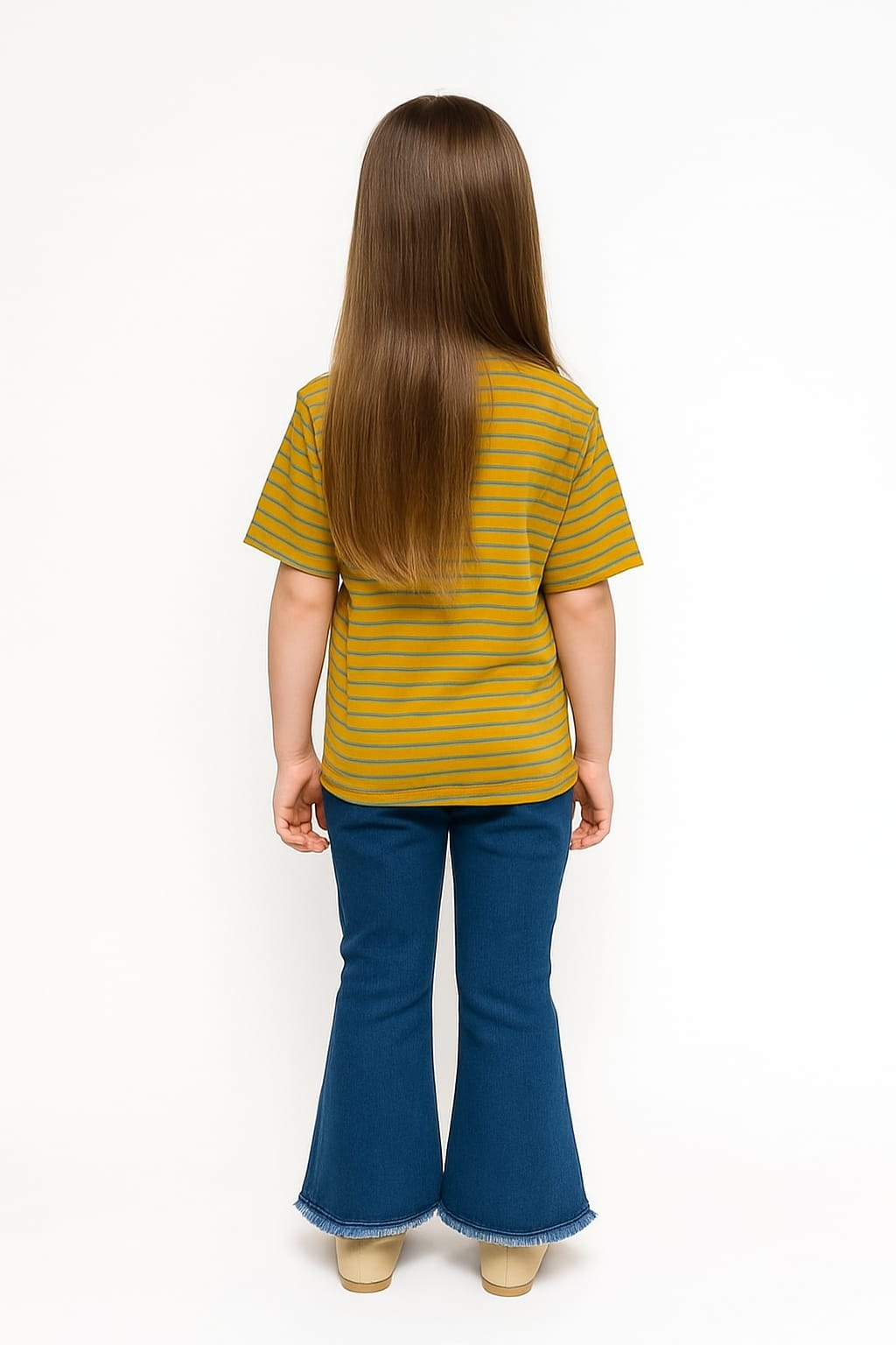 Silakaari Lara Mustard Striped T-Shirt With Bear Printed Denim Jeans Set For Girls