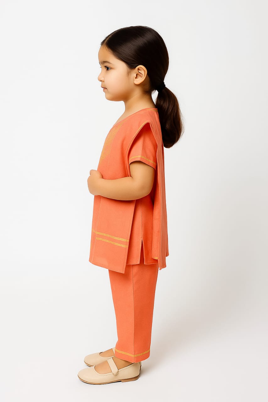 Silakaari Amal Carrot-Green Pure Cotton Lucknowi ChikanKari Kurti Pant With Dupatta Set For Girls