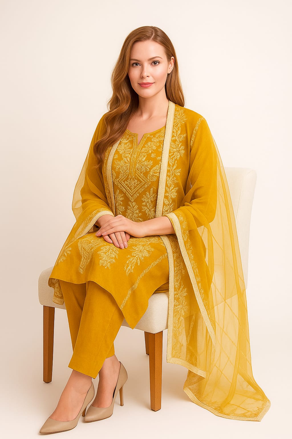 Silakaari Umeed Mustard-White Pure Organza Heavy Embroidery Patch Premium Unstitched Suits