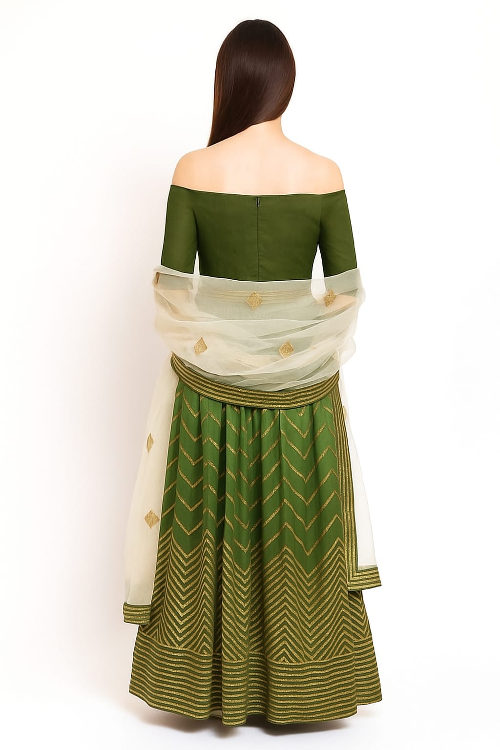 Silakaari Mehendi-Gold Shaded Pure Crepe Sequin Evening Unstitched Lehenga Sharara Set
