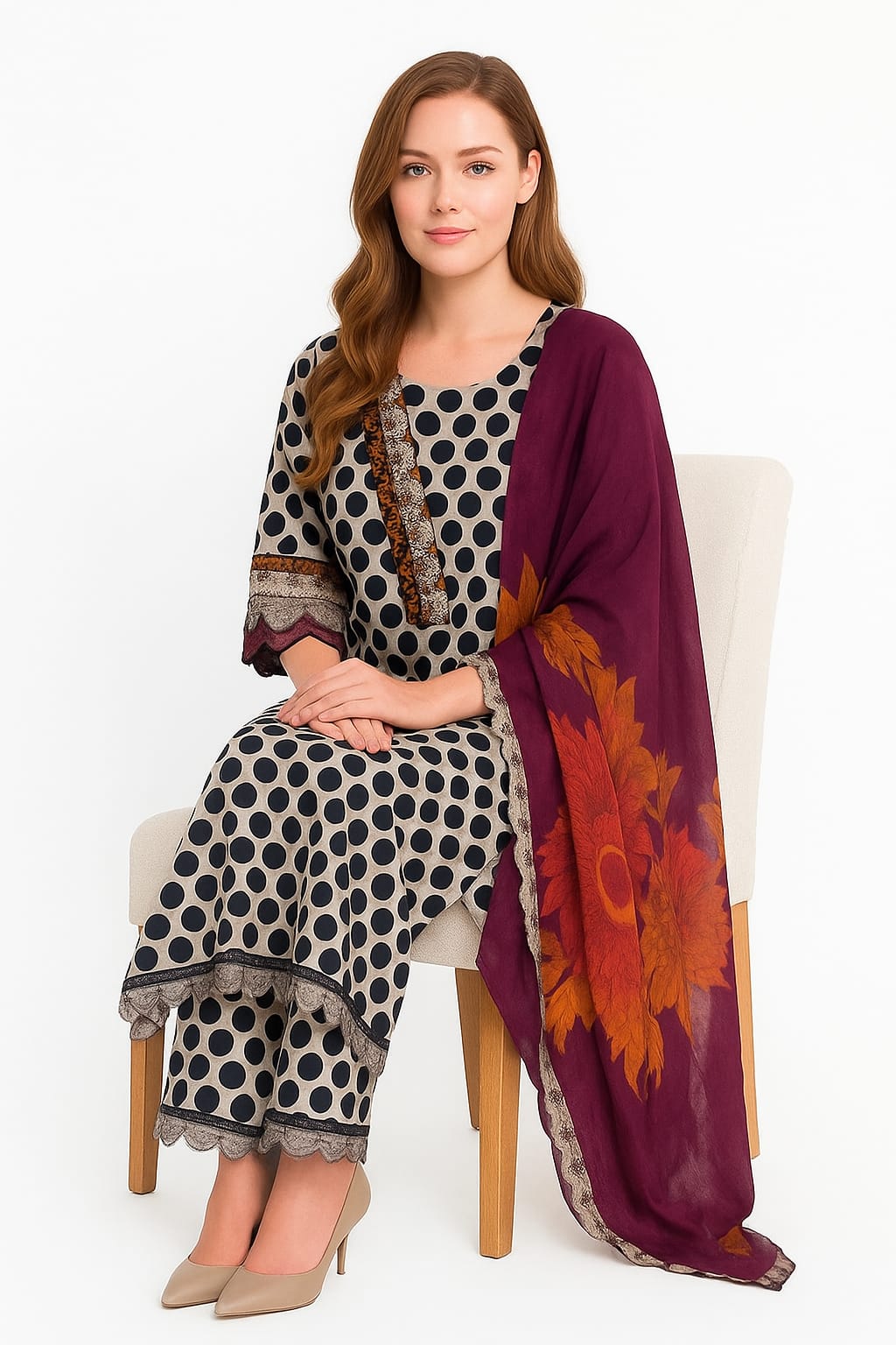 Silakaari Farhat Polka Dot Pure Lawn Beige-Black Luxury Ready-Made Dress