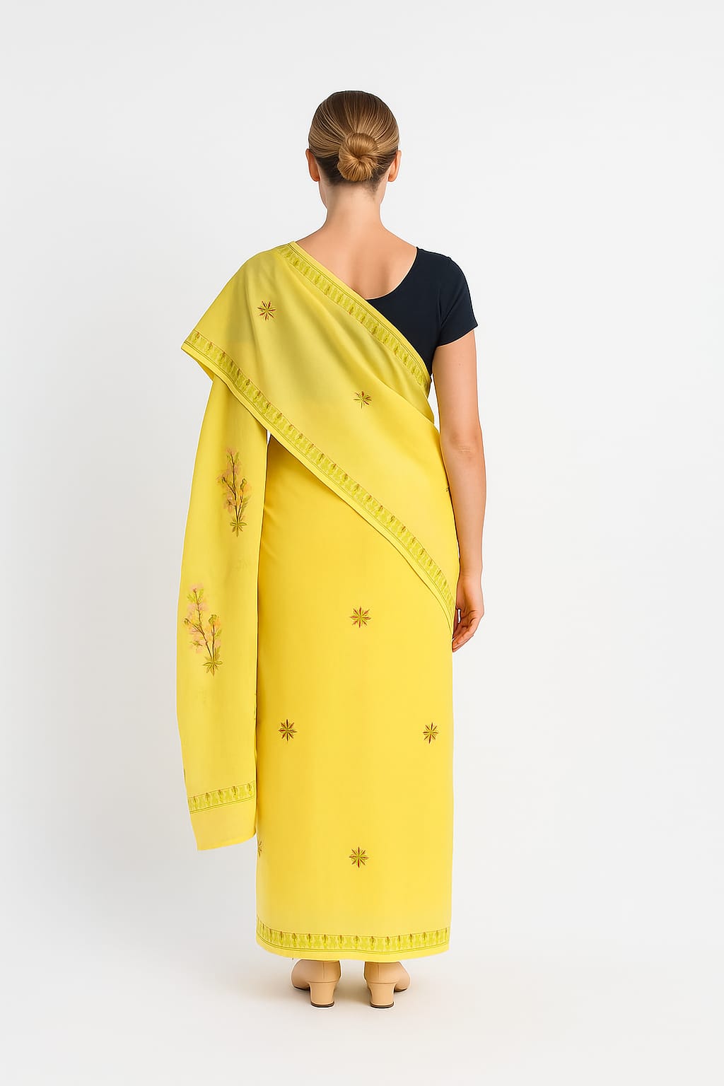 Silakaari Surajmukhi Yellow-Green Pure Cotton HandWork Lucknowi Saree