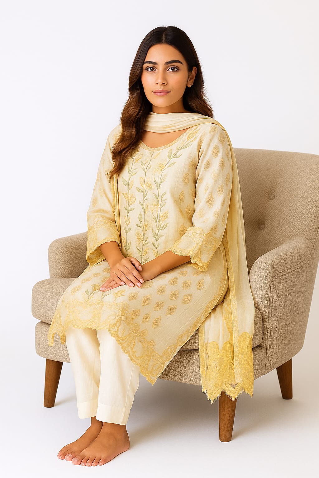 Silakaari Roomani Cream-Gold Heavy Organza Patch Fancy Dupatta Ready-Made Dress