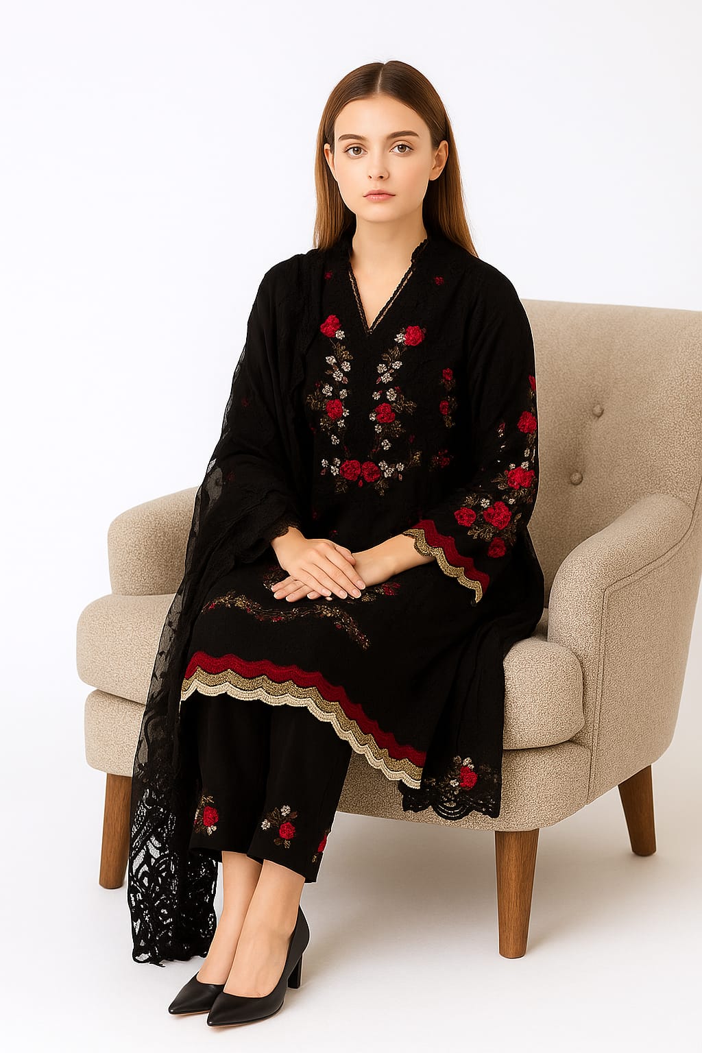 Silakaari Khilwat Pure Black Organza Heavy Embroidery Patch Work Ready-Made Dress