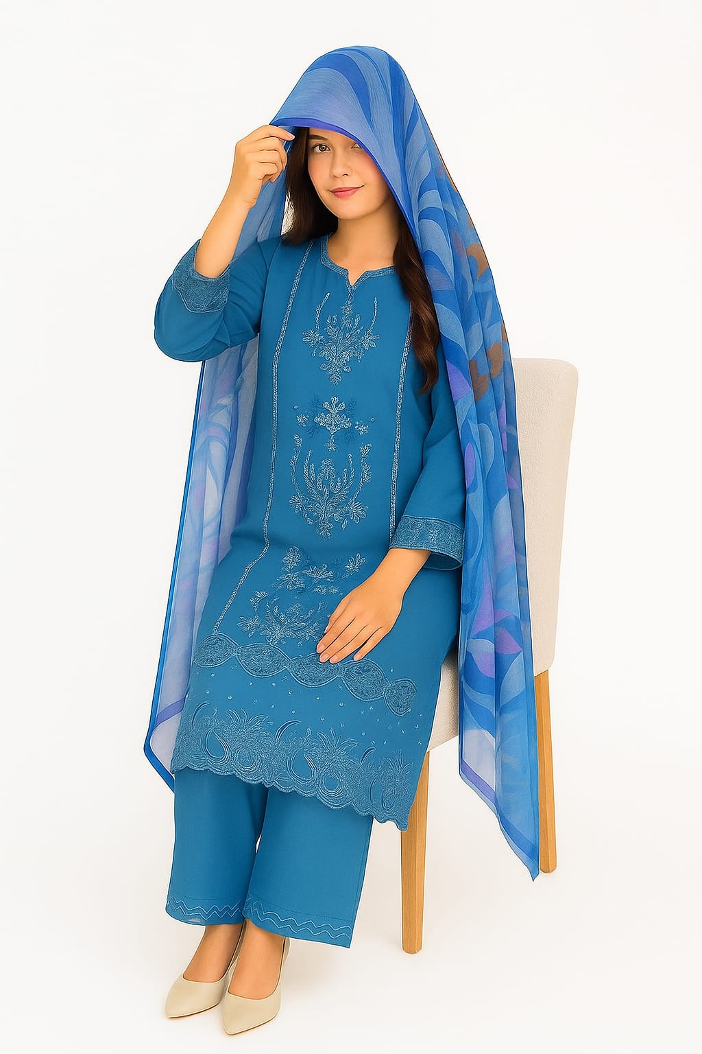 Silakaari Izhar Powder Blue Heavy Embroidery Organza Patch Pure Lawn Ready-Made Dress