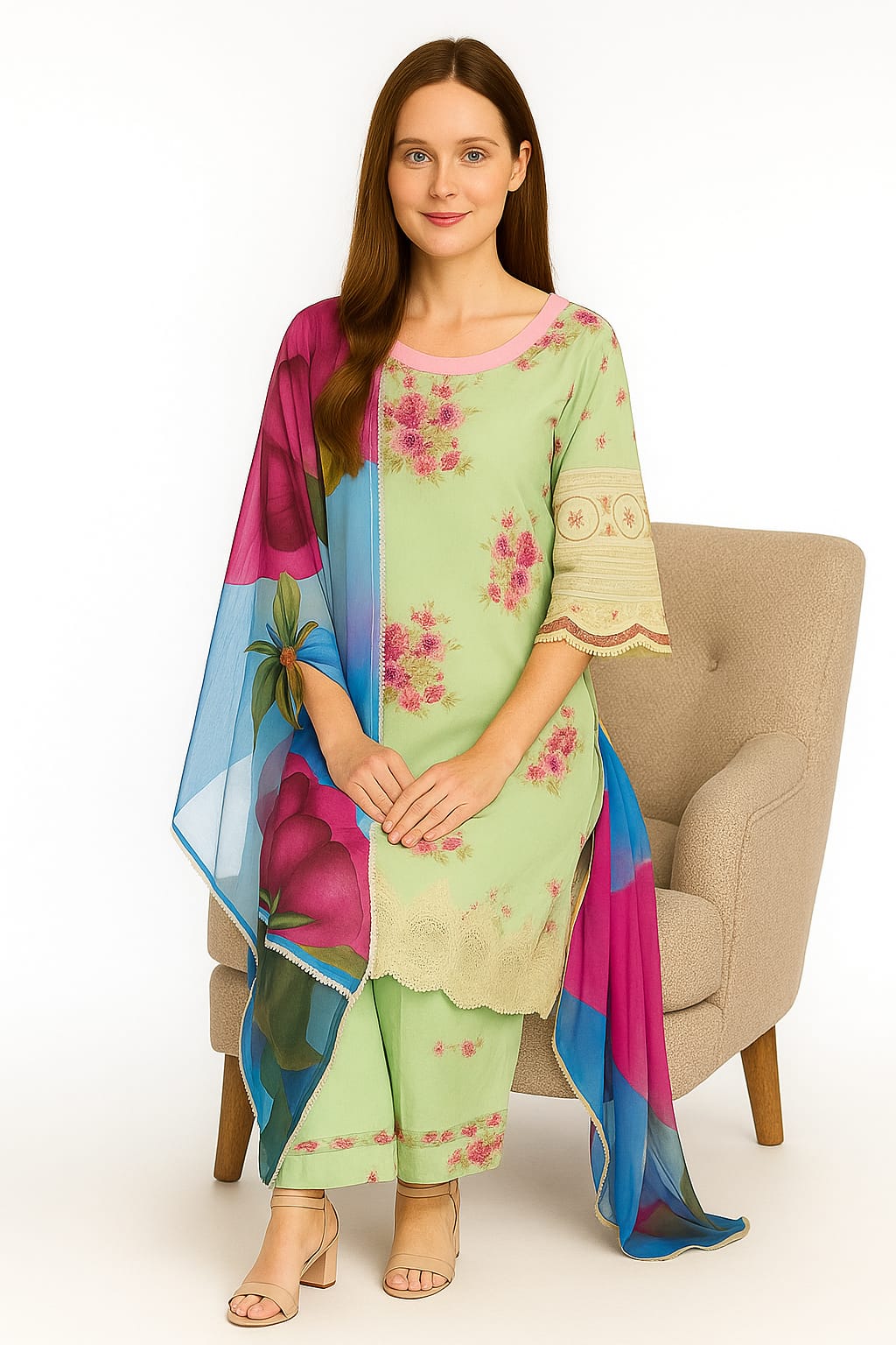 Silakaari Haseen Floss Green Pure Lawn Floral Organza Patch Work Premium Ready-Made Dress