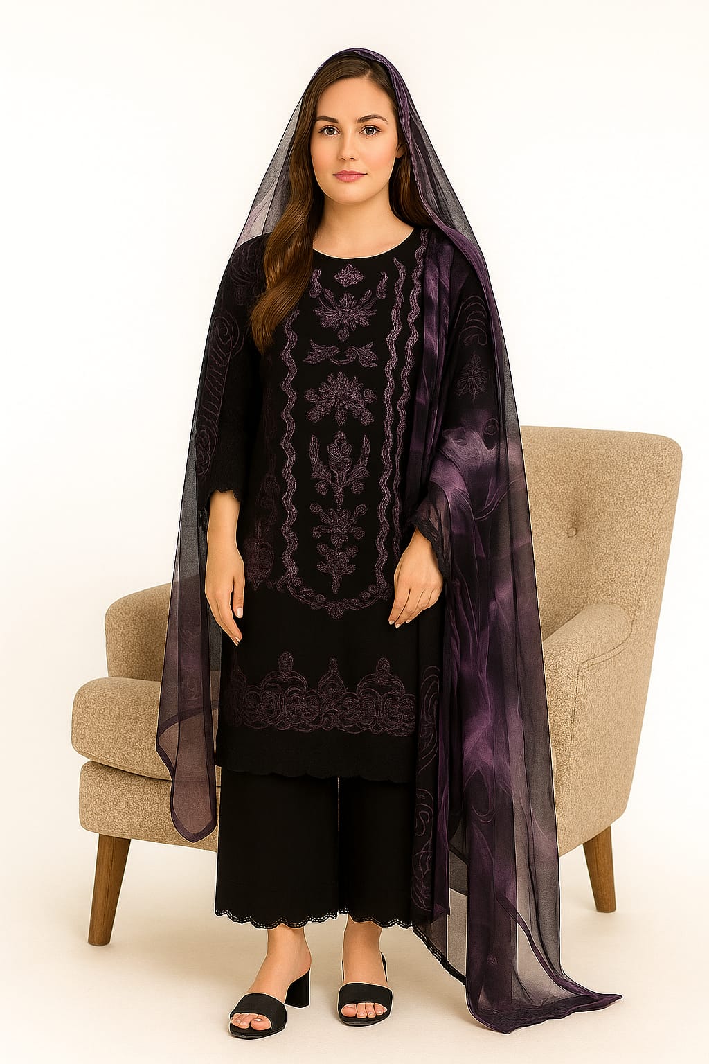 Silakaari Kurbat Pure Lawn All Over Embroidery With Sequin Black-Purple Full Patch Work Ready-Made Dress