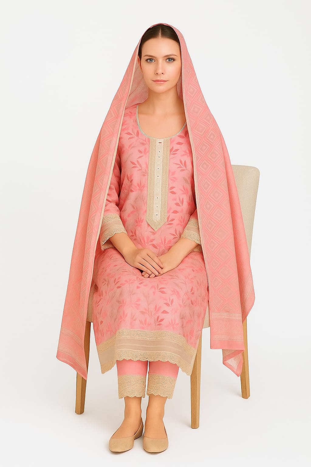 Silakaari Women's Pink Mirror Floral Lacy Front Designer Ready-made Dress
