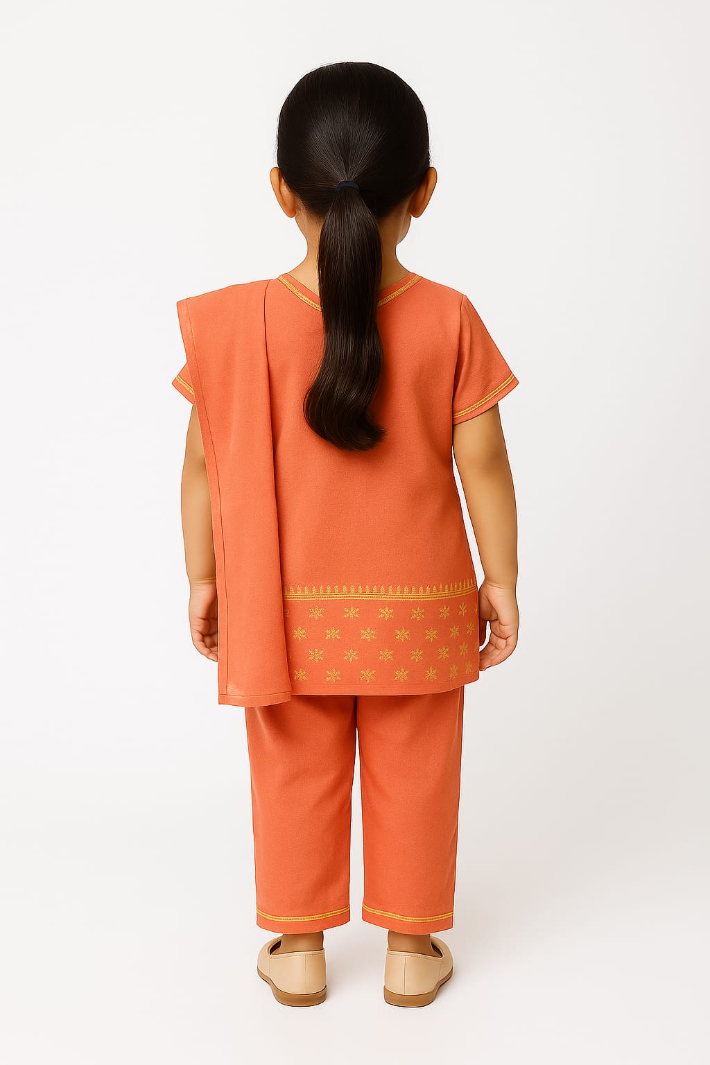 Silakaari Amal Carrot-Green Pure Cotton Lucknowi ChikanKari Kurti Pant With Dupatta Set For Girls