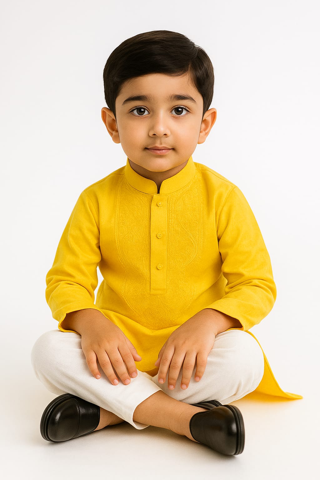 Silakaari Kids Bright Yellow Lucknowi Pure Cotton Kurta pajama Set For Boys