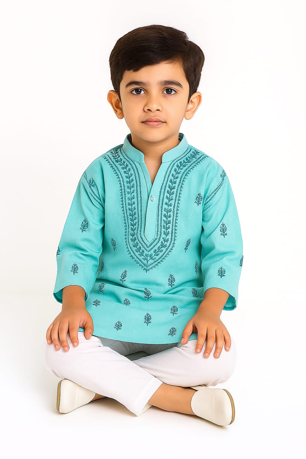 Silakaari Anas Turquoise Pure Lucknowi Chikankari Kurta Pyjama Set For Boys