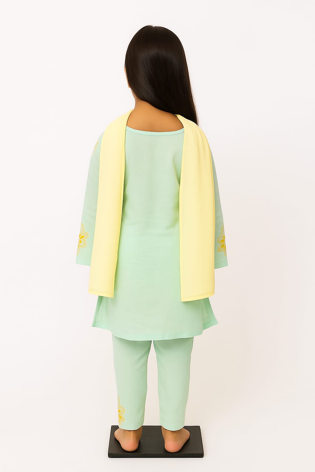Silakaari Sadaf Green-Yellow Pure Cotton Lucknowi ChikanKari Anarkali Kurti Pant With Dupatta Set For Girls