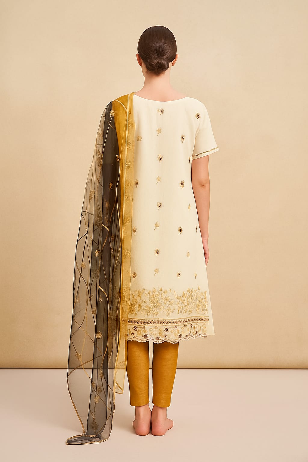 Silakaari Ronak Pure Organza Cream-Maroon Golden Zari Sequin Unstitched Suits