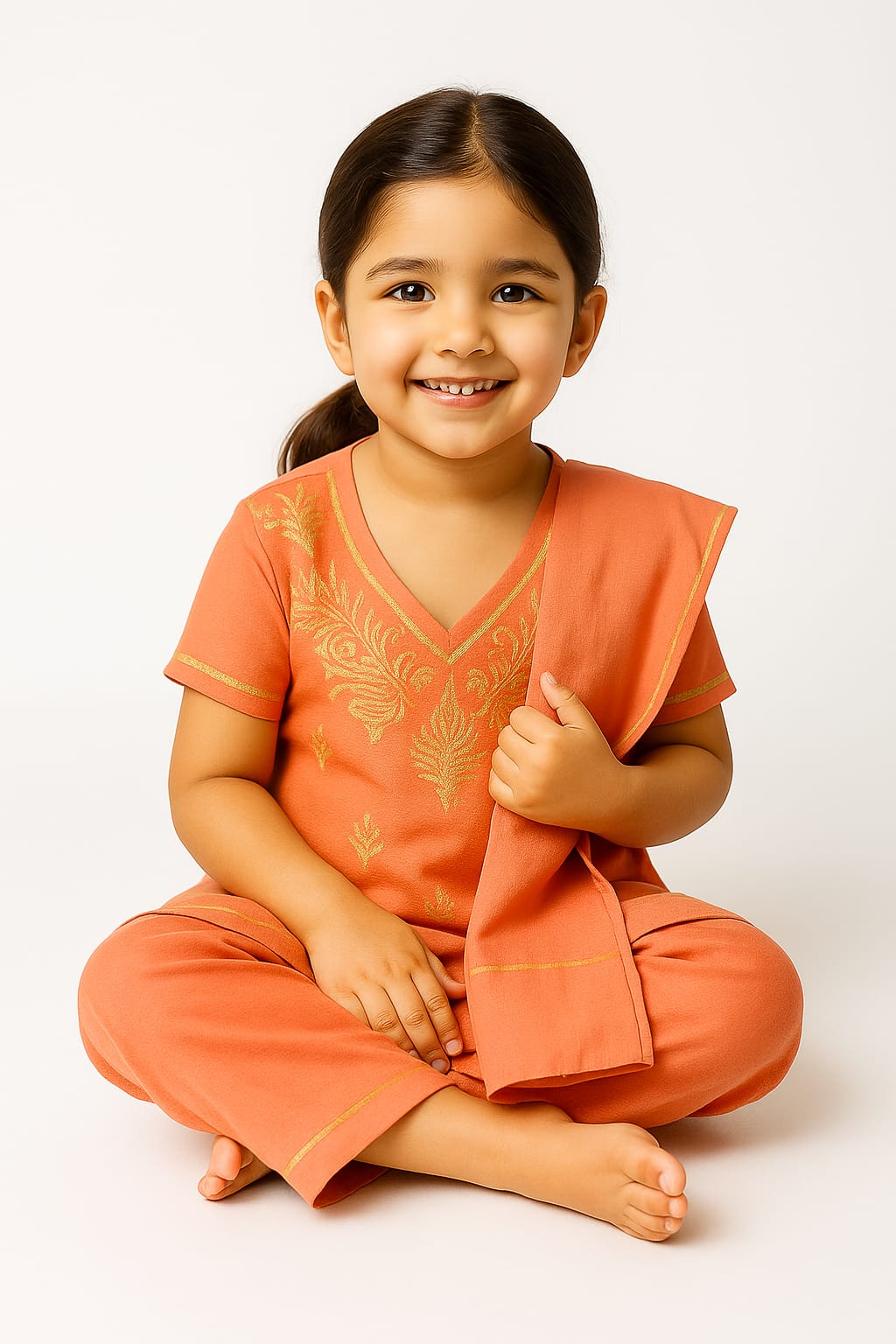 Silakaari Amal Carrot-Green Pure Cotton Lucknowi ChikanKari Kurti Pant With Dupatta Set For Girls