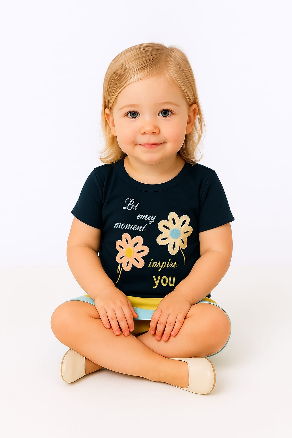 Silakaari Be Happy Black Floral T-Shirt With Multi Color Skirt Set For Girls