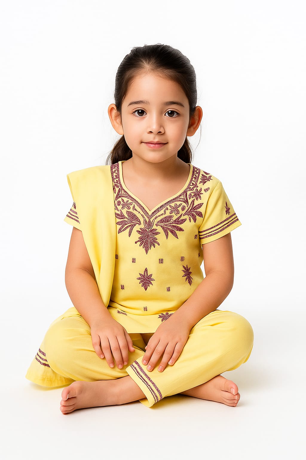 Silakaari Samaira Yellow-Violet Pure Cotton Lucknowi ChikanKari Kurti Pant With Dupatta Set For Girls