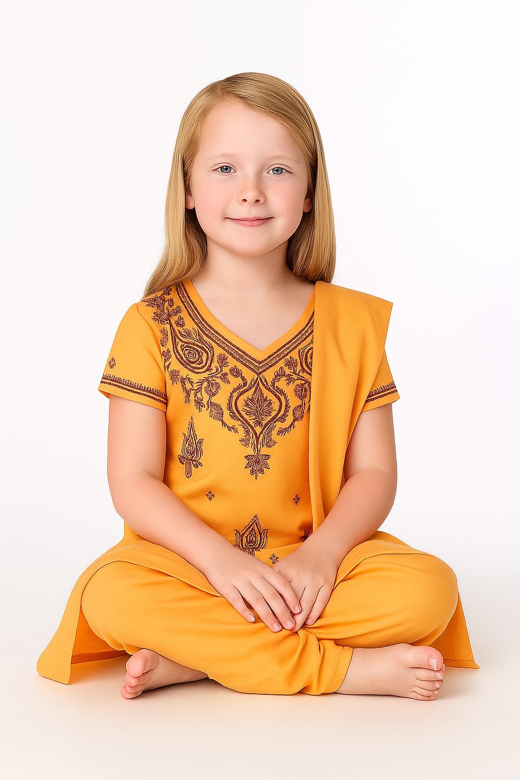 Silakaari Alayna Beige-Brown Pure Cotton Lucknowi ChikanKari Kurti Pant With Dupatta Set For Girls