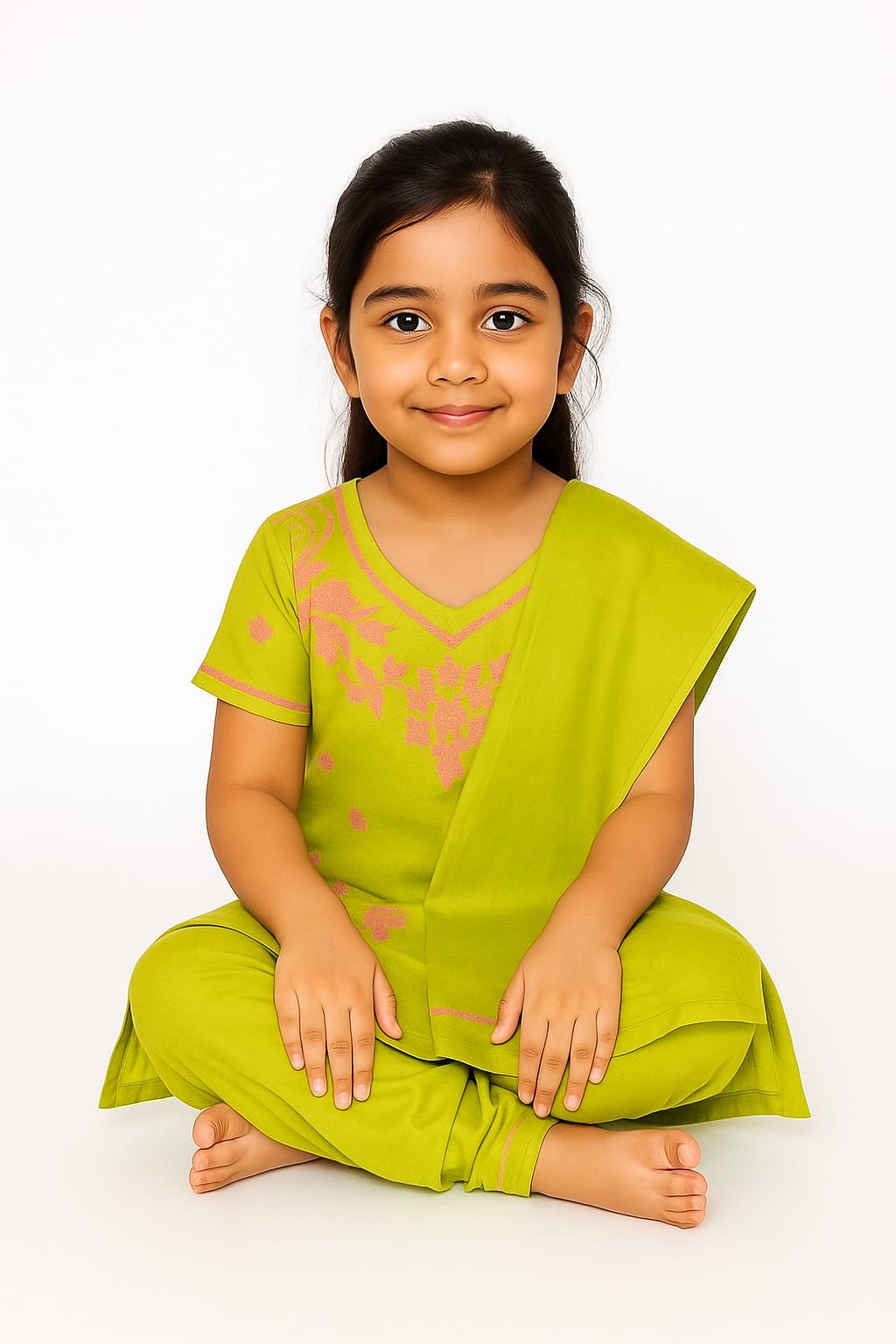 Silakaari Zubaan Mehendi Green-Pink Pure Cotton Lucknowi ChikanKari Kurti Pant With Dupatta Set For Girls