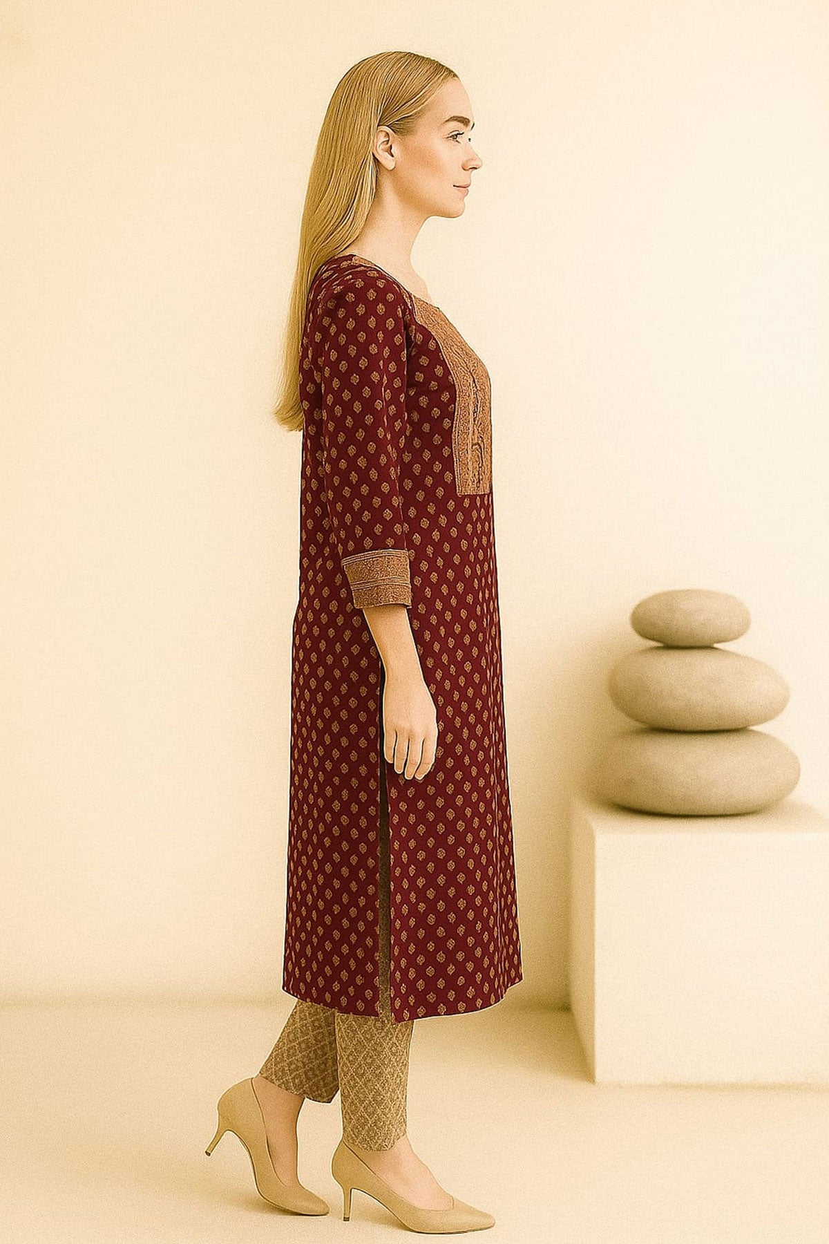 Silakaari Maleeka Maroon Foil Printed Rayon Long Kurti